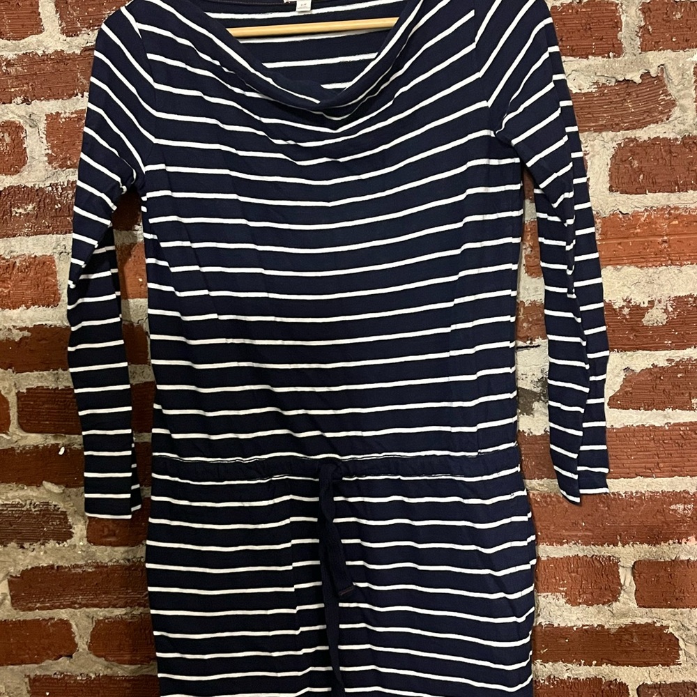 Navy and White Striped Dress with pockets. Cowl neck. 3/4 sleeves